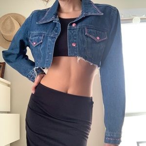 Pink Bedazzled Hyper Cropped Denim Jacket